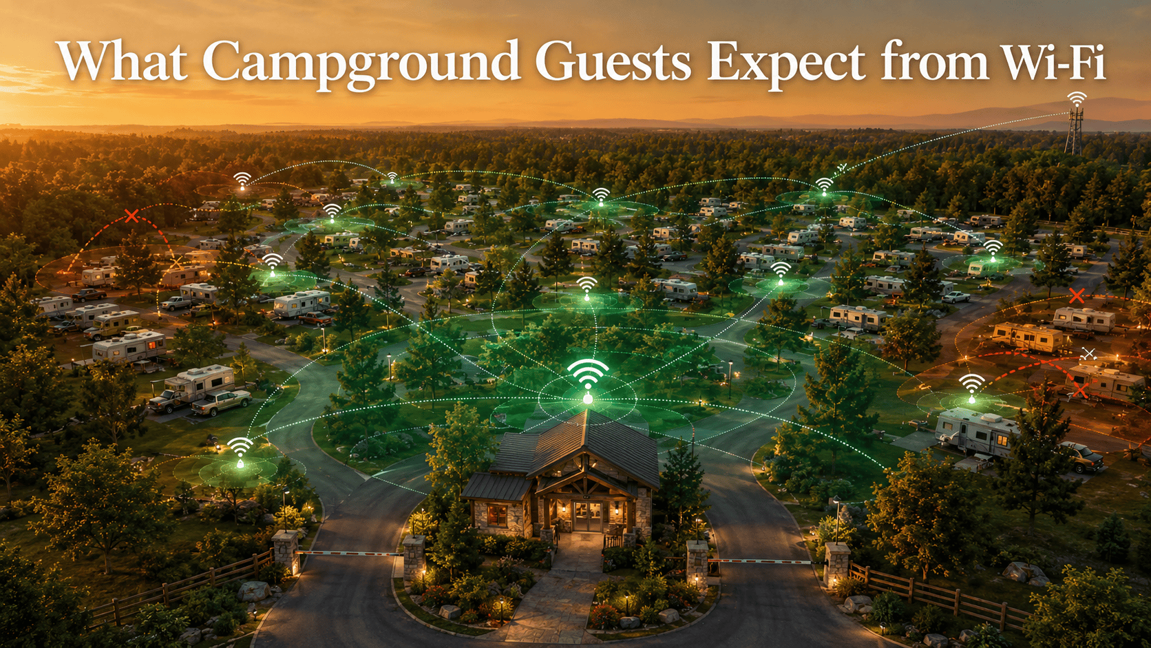 Aerial view of a Canadian campground at sunset with glowing Wi-Fi signal symbols spreading across RV sites and trees, illustrating campground-wide connectivity