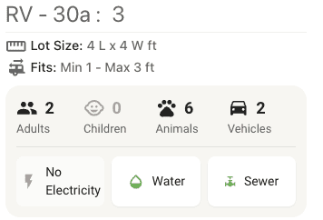 Lot details card showing Adults, Children, Animals, and Vehicles counts alongside Electricity, No Water, and No Sewer utility tiles