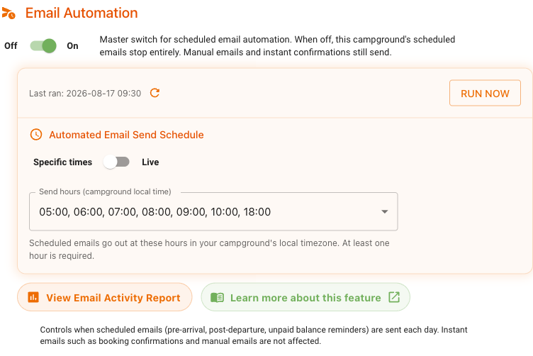 Email Automation setting with Last Ran, Run Now, and Automated Email Send Schedule