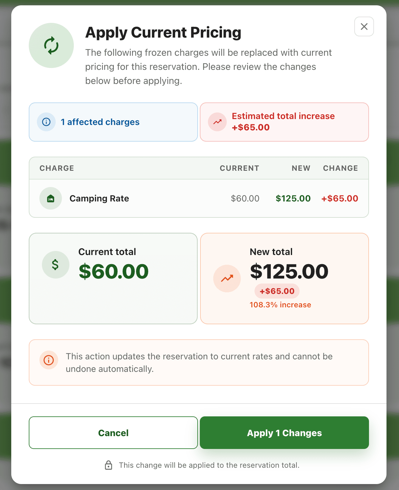 Apply Current Pricing confirmation dialog