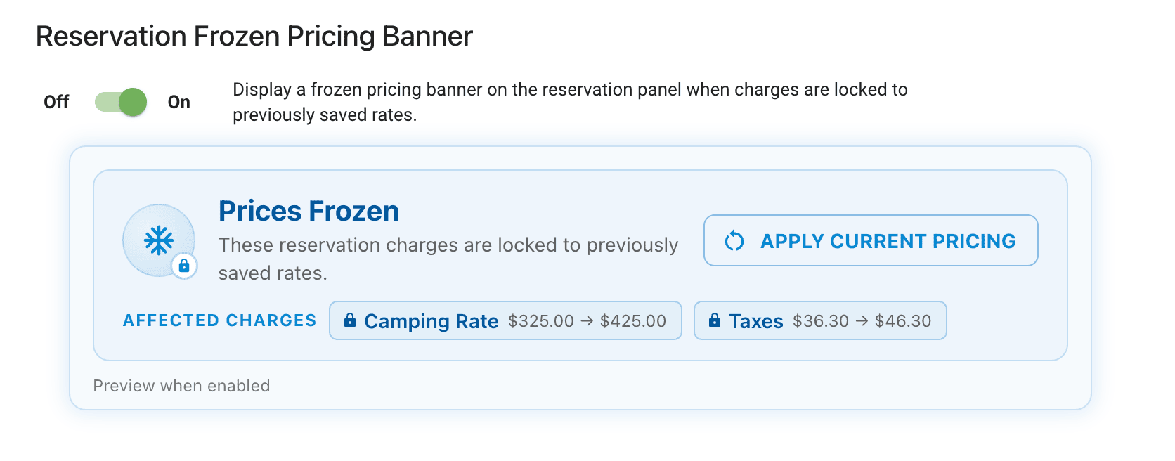 Frozen Pricing Banner setting toggle