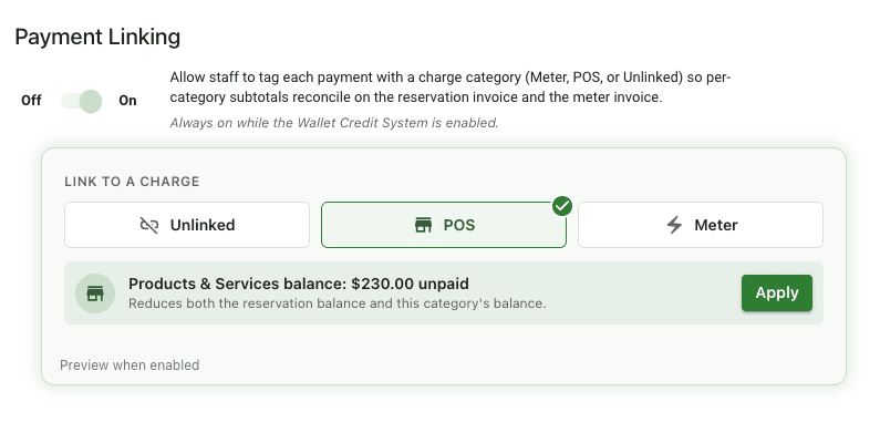 Payment Linking setting toggle with link-to-charge preview