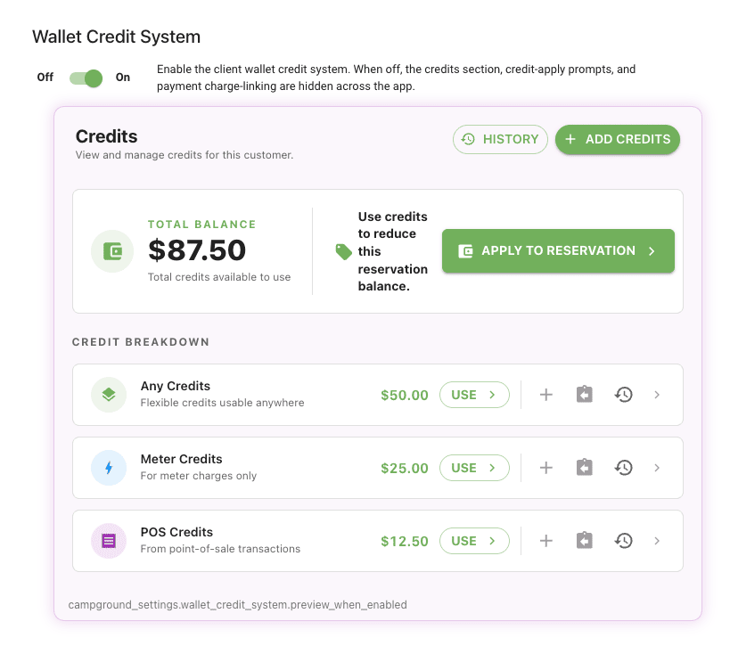 Wallet Credit System setting toggle with credits panel preview