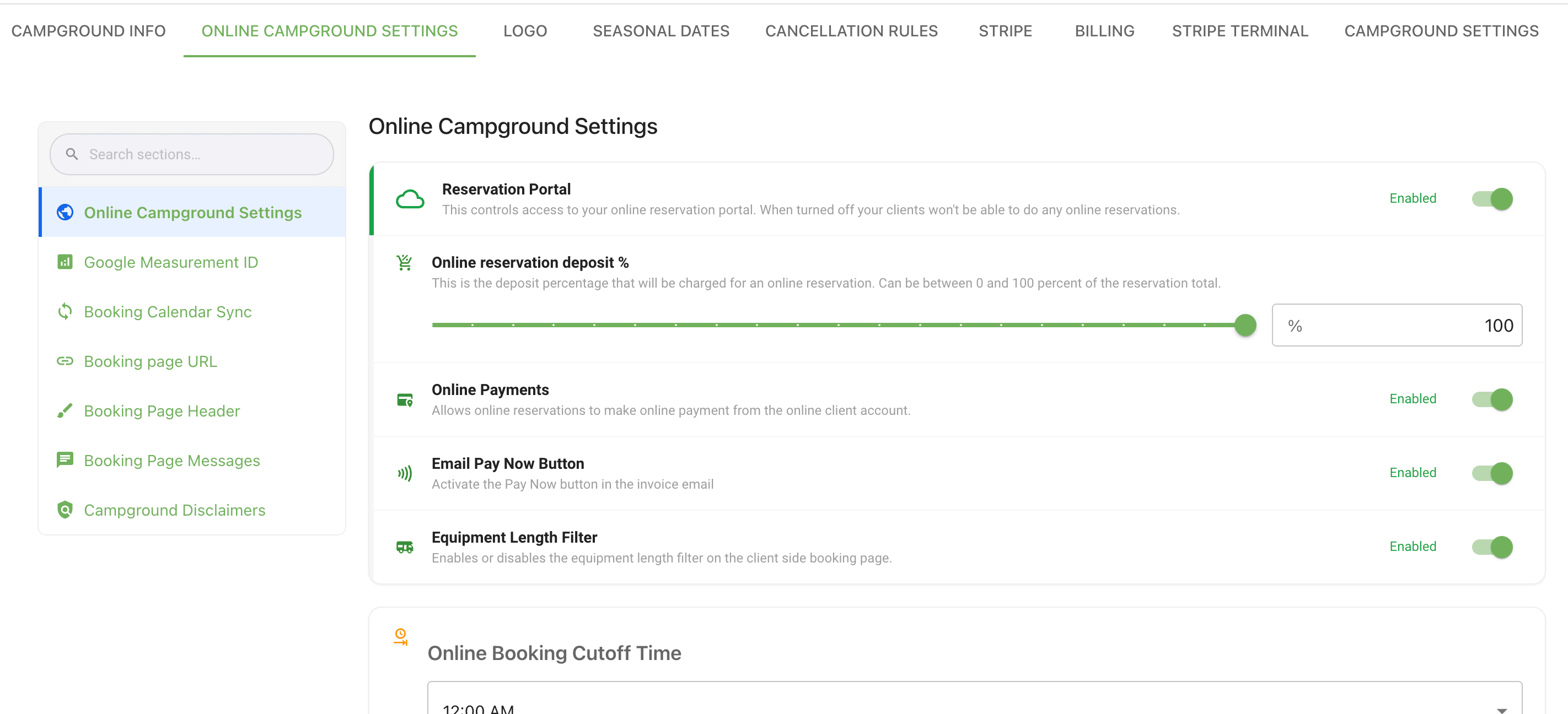 New Online Campground Settings