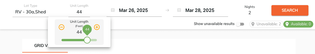 equipment length booking page filter