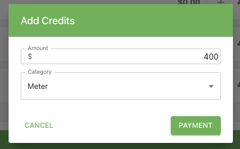 Add Credits dialog with category, source, and amount fields