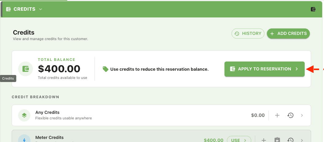 Credits panel inside the reservation editor showing balance, breakdown, Add Credits, View History, and Apply to Reservation