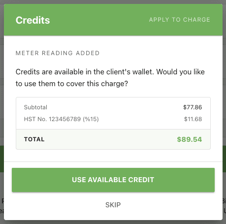 Intro screen of the Use Credits prompt after a meter reading is saved