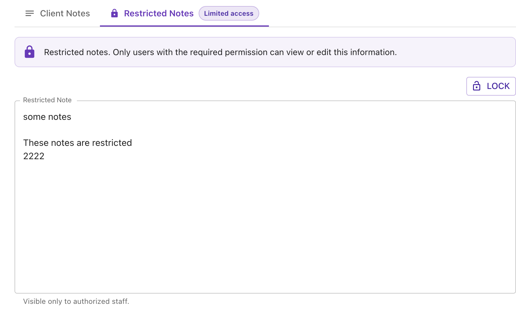 Restricted note open, with the banner, Lock button, and note field