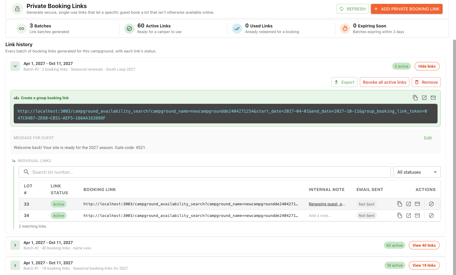 A batch expanded to show its highlighted group booking link row, the guest message, and the individual per-lot links table with internal note and email sent columns