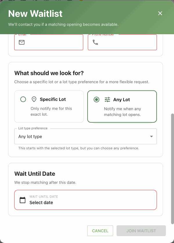 new waitlist dialog: specific lot vs any lot request type