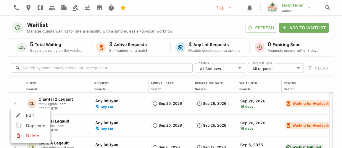 waitlist row actions menu: edit, duplicate, delete