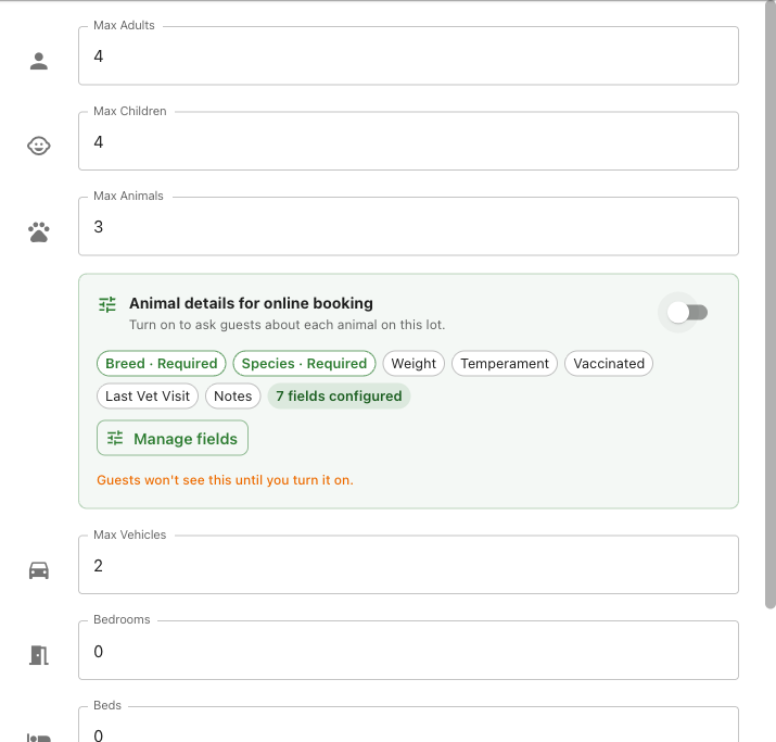 Accommodations tab animal details card with the visibility toggle off, configured field pills, and a warning that guests won't see the fields until it's turned on