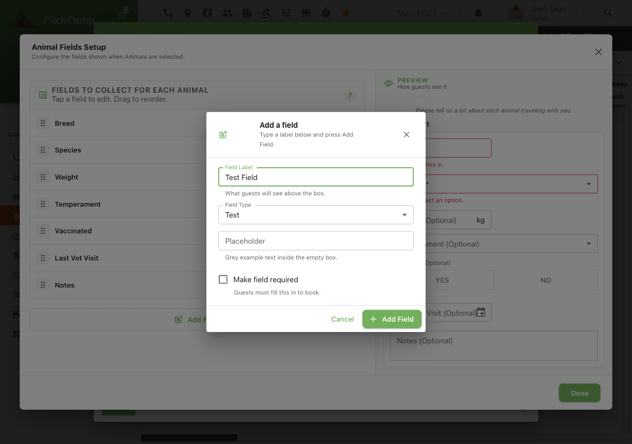 Add Field popup dialog with several fields filled in, opened from the Animal Fields Setup dialog's Add Field button