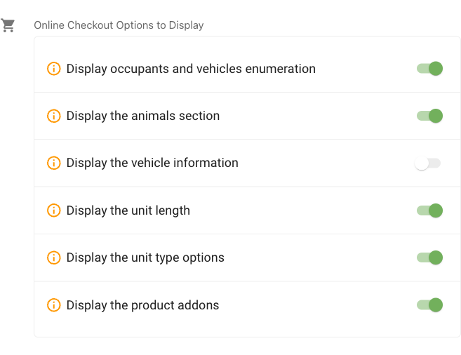 Online Booking tab with the Display the animals section toggle among the Online Checkout Options to Display