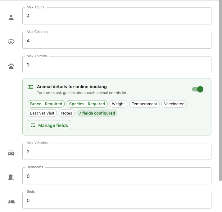 Lot Accommodations tab showing the standalone Max Animals field above the animal details summary card