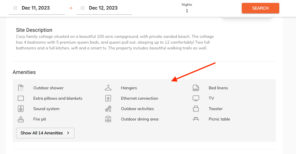 booking page amenities