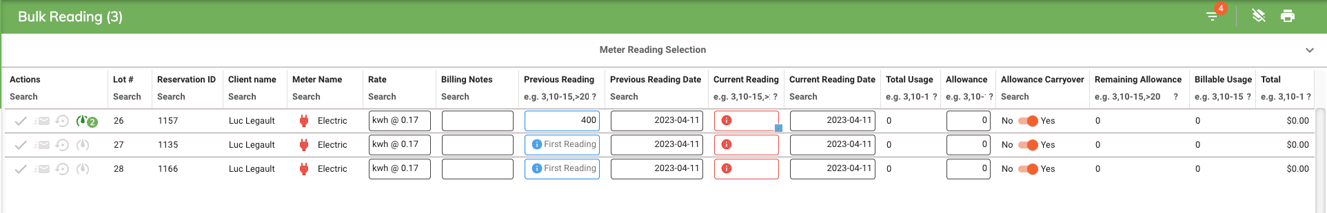 Bulk meter reading entries