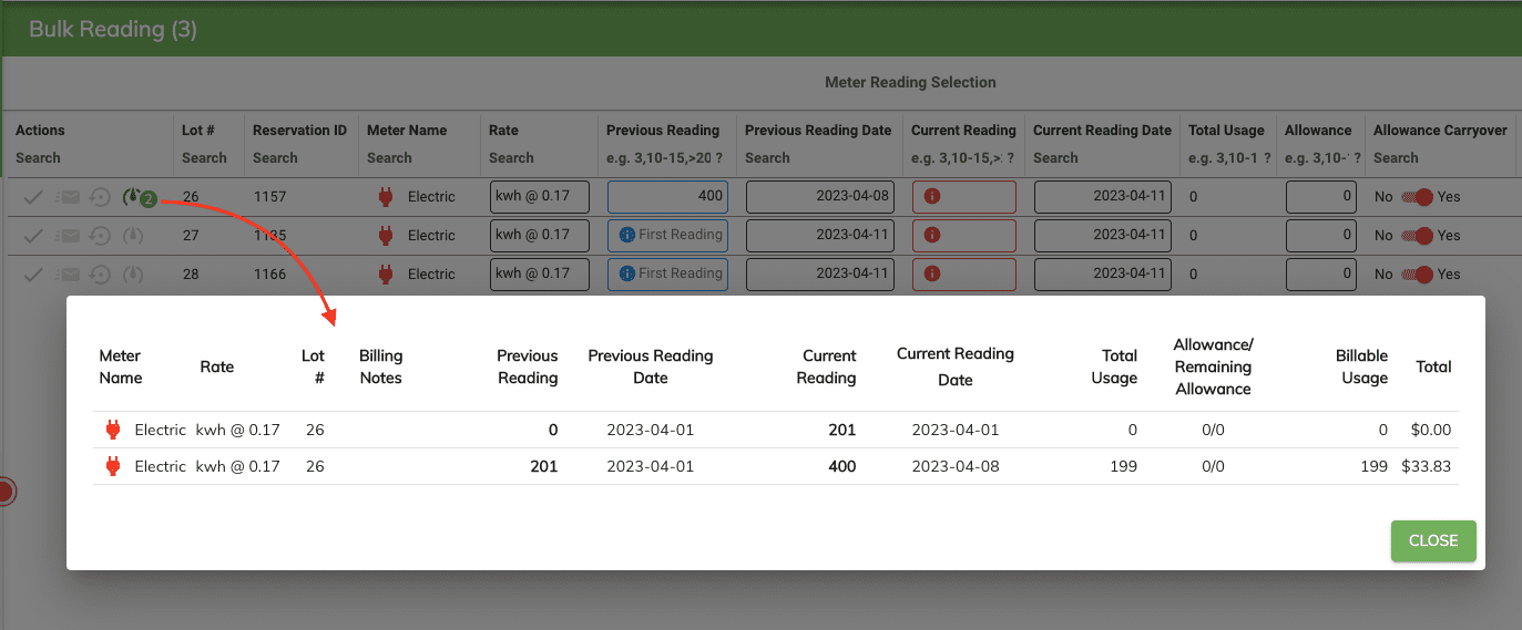 Bulk meter view past meter reading