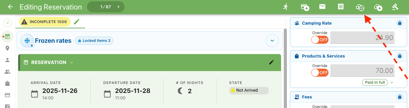 Meter Invoice action in the reservation edit panel actions menu