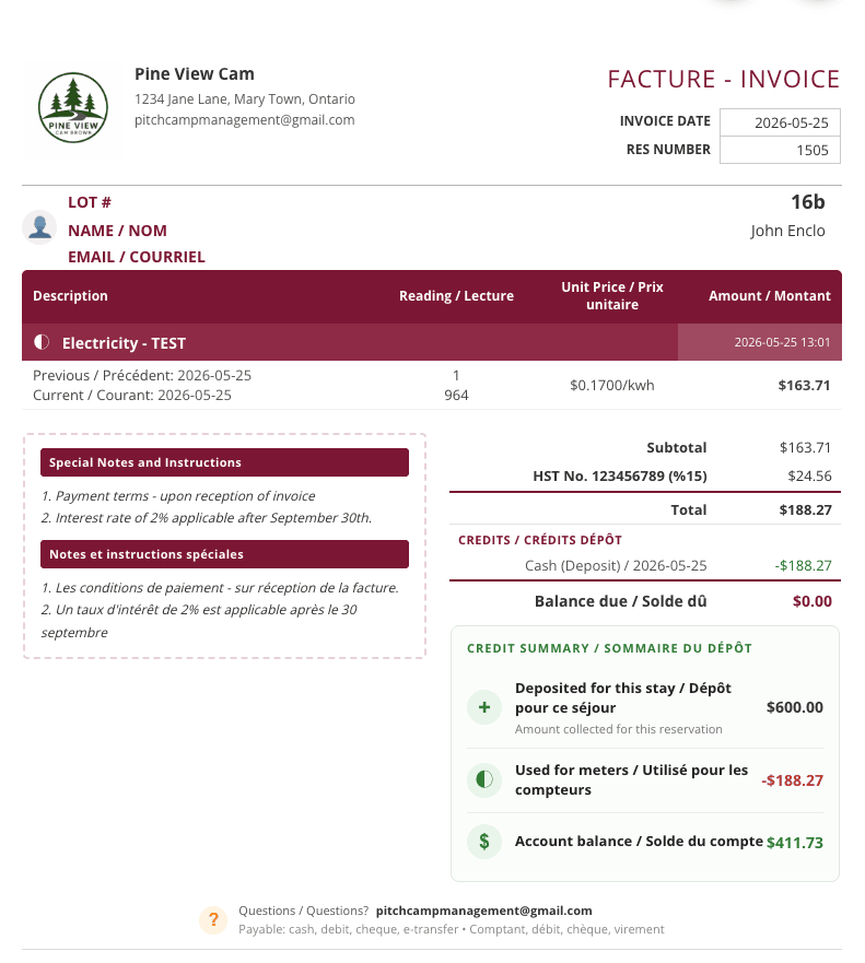 Credit Summary box at the bottom of a meter invoice showing Deposited for this stay, Used for meters, and Account balance rows