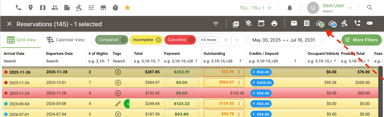 Meter Invoice and Send meter invoice email actions in the reservation grid row menu