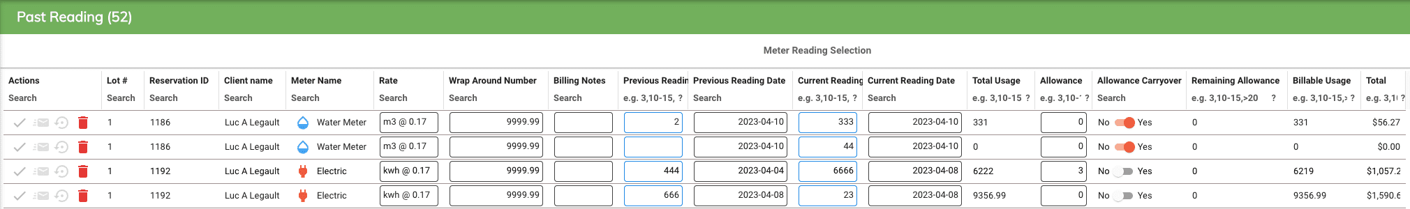 Past meter reading entries