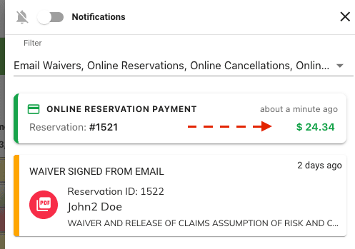 Online Reservation Payment notification