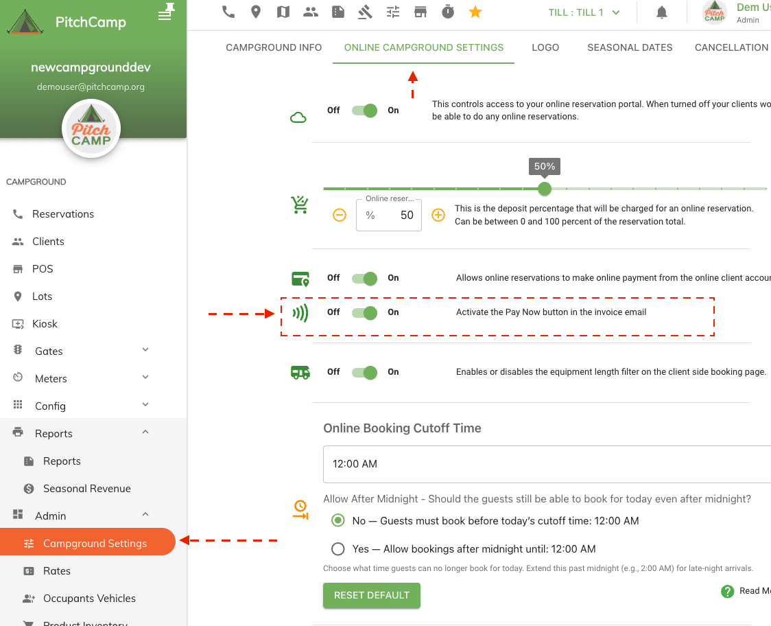Pay Now toggle in Online Campground Settings