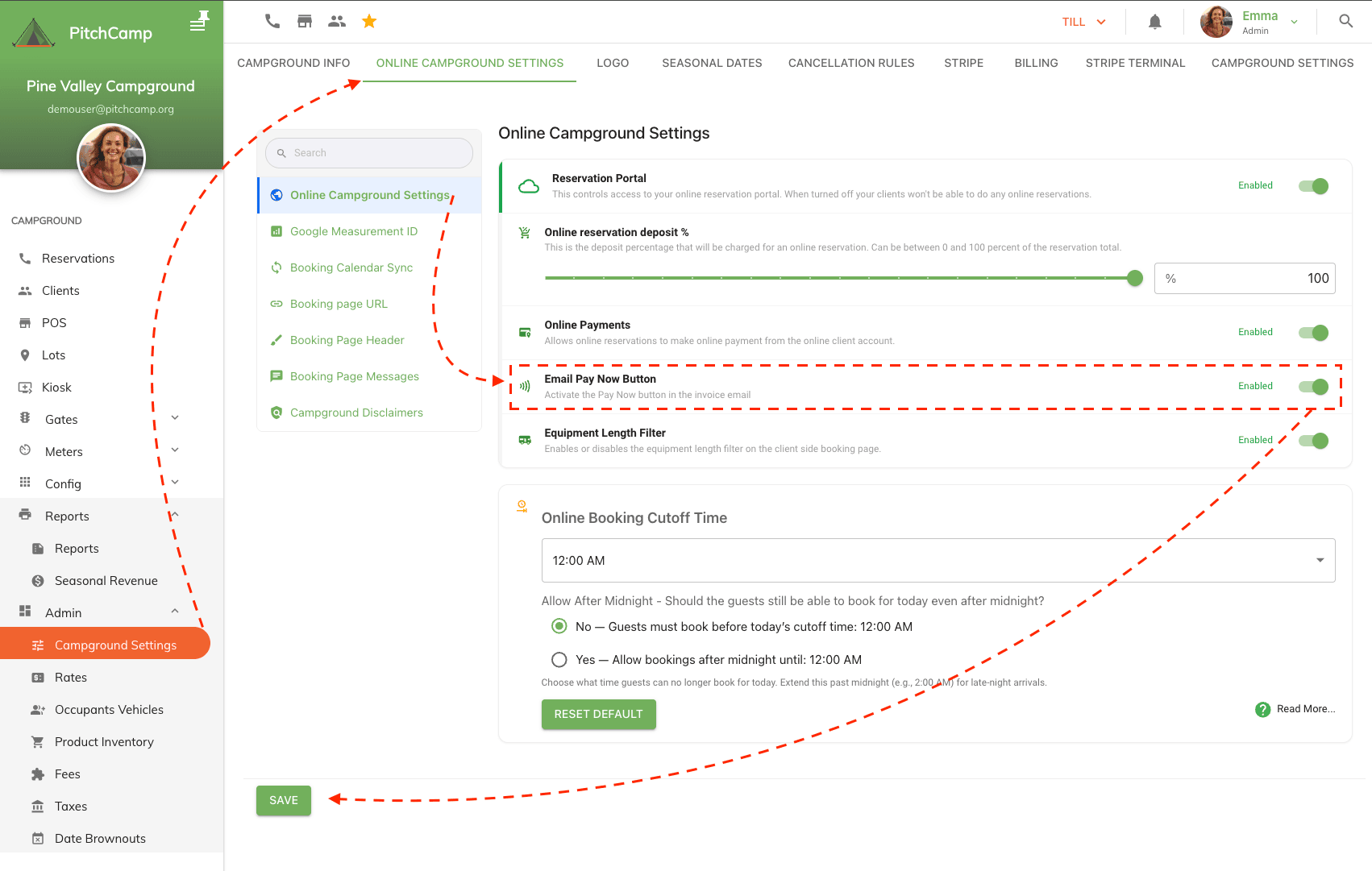 Pay Now toggle in Online Campground Settings