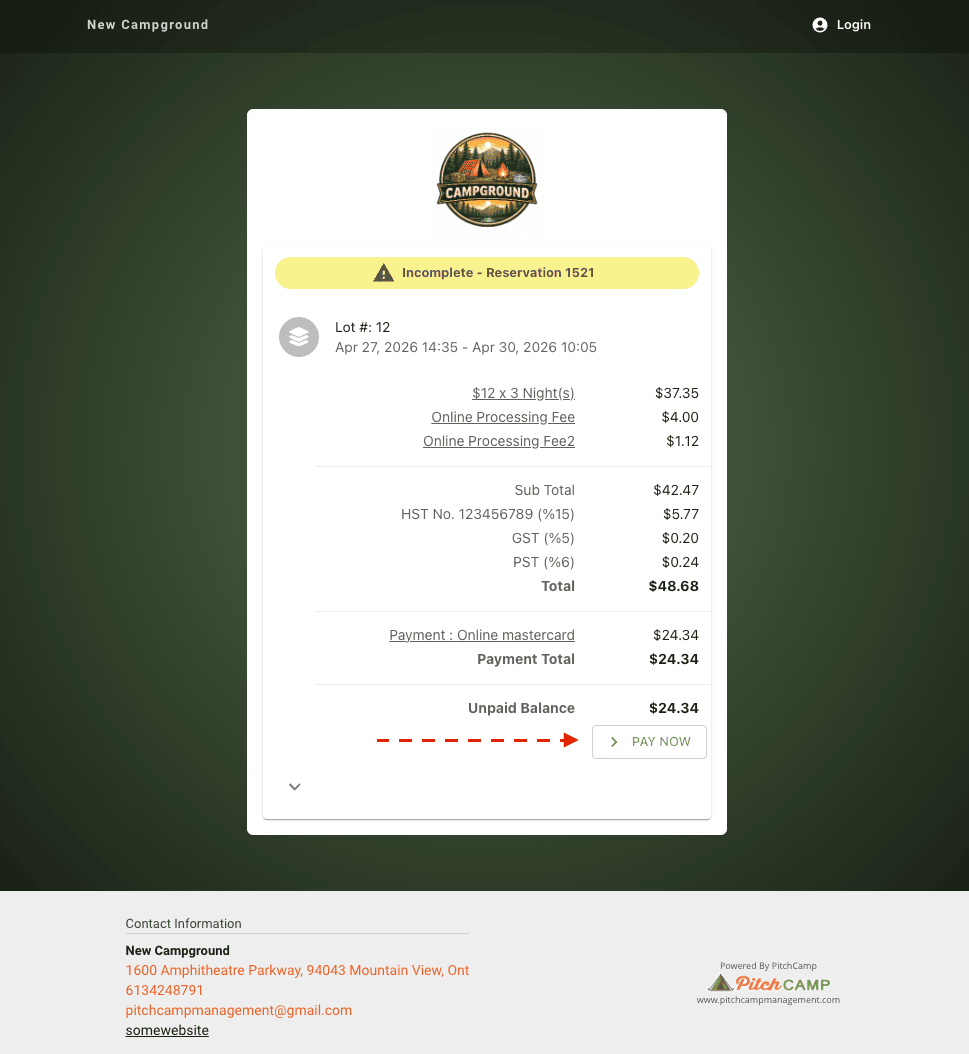 Online invoice page with Pay Now button