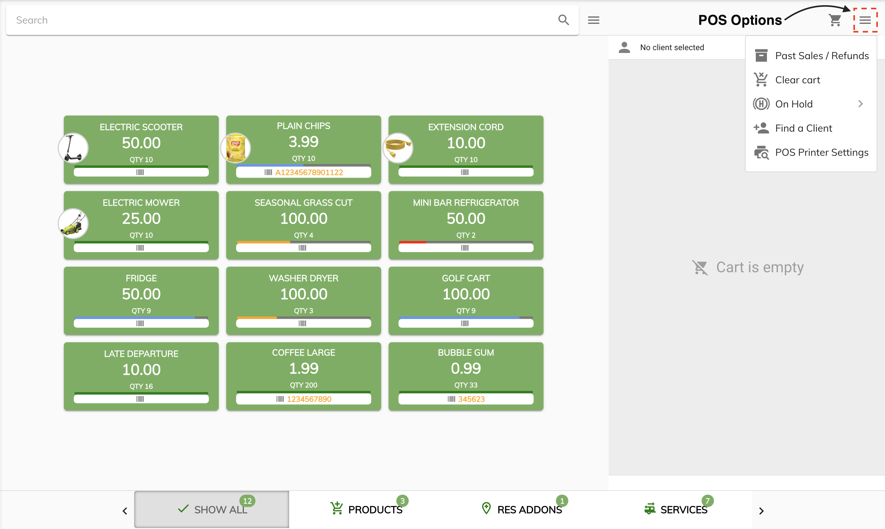 pos product option menu