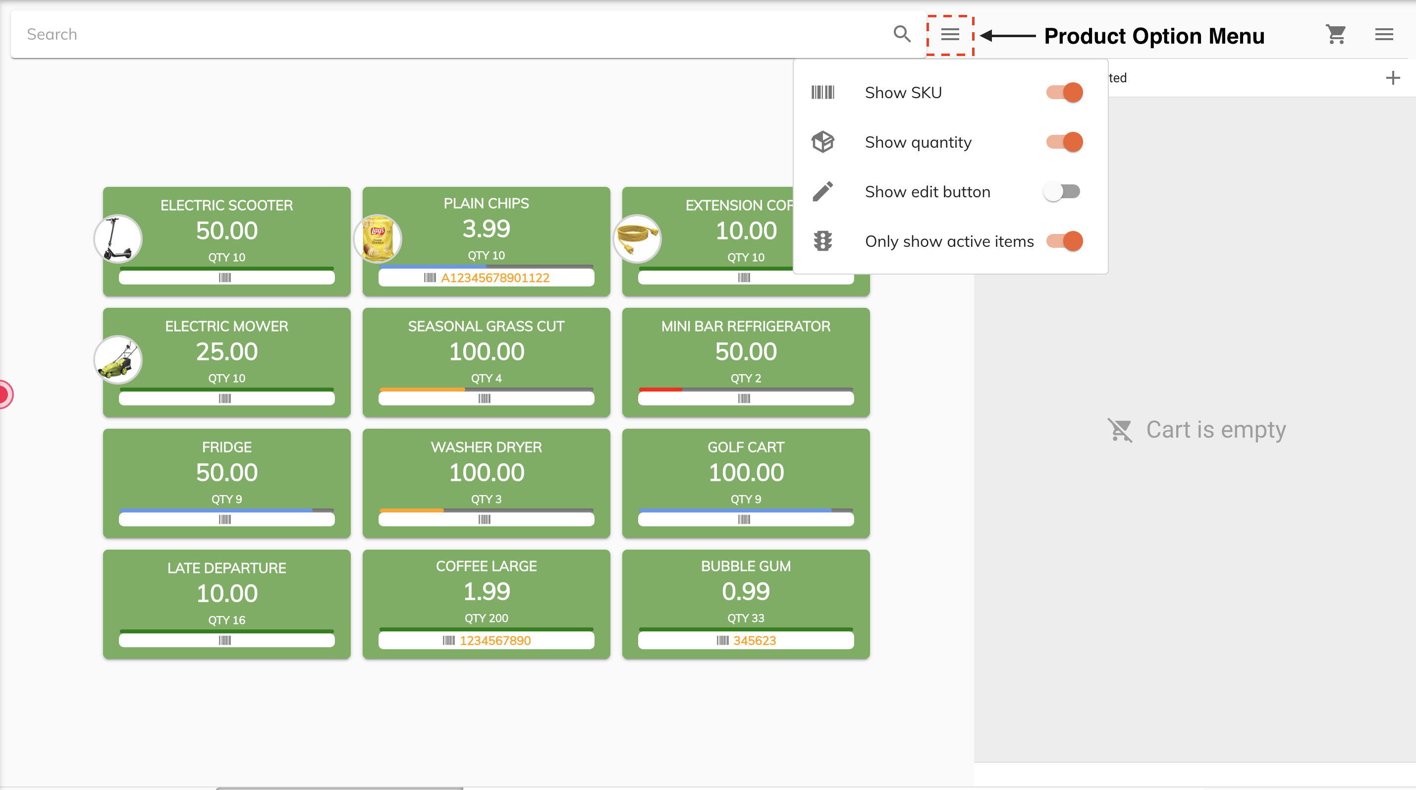 pos product option menu