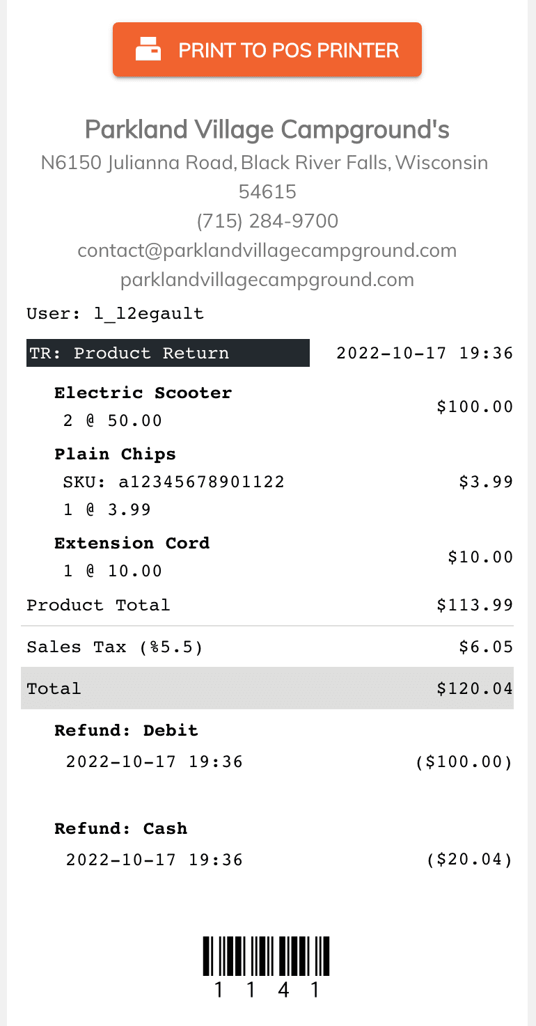 pos refund receipt