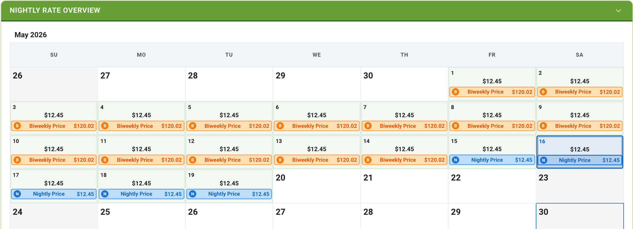 pricing calendar