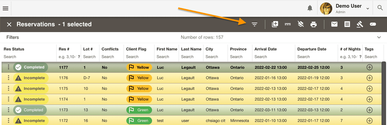 Campground reservation grid reset