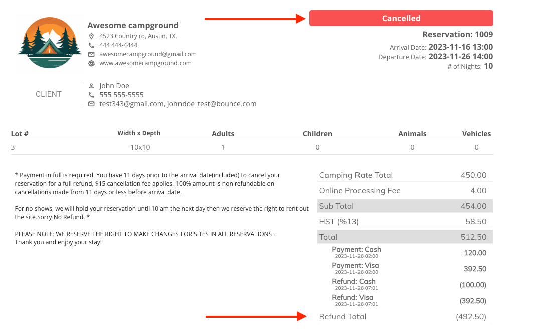 cancelled reservation invoice