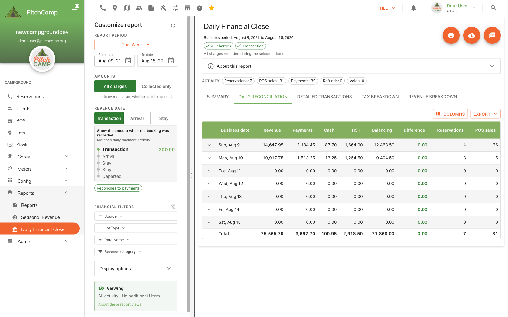 Daily Reconciliation tab with one row per business day