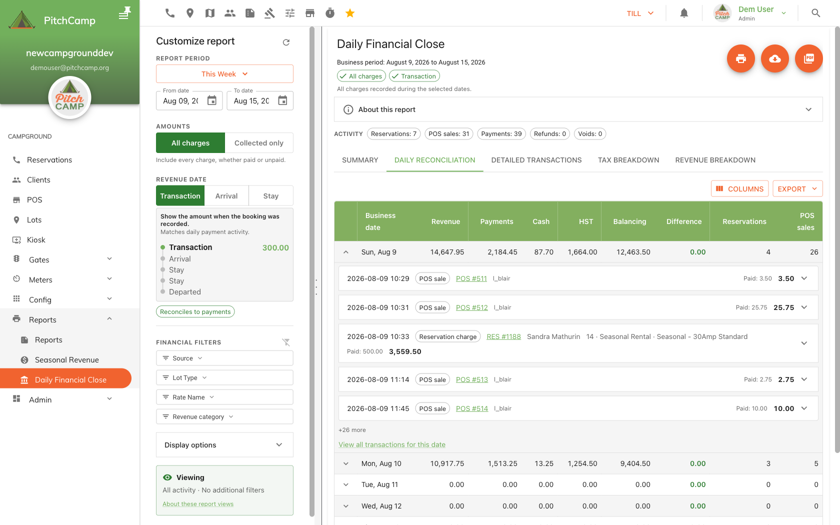 A Daily Reconciliation day expanded, showing transaction previews and the View all transactions for this date link