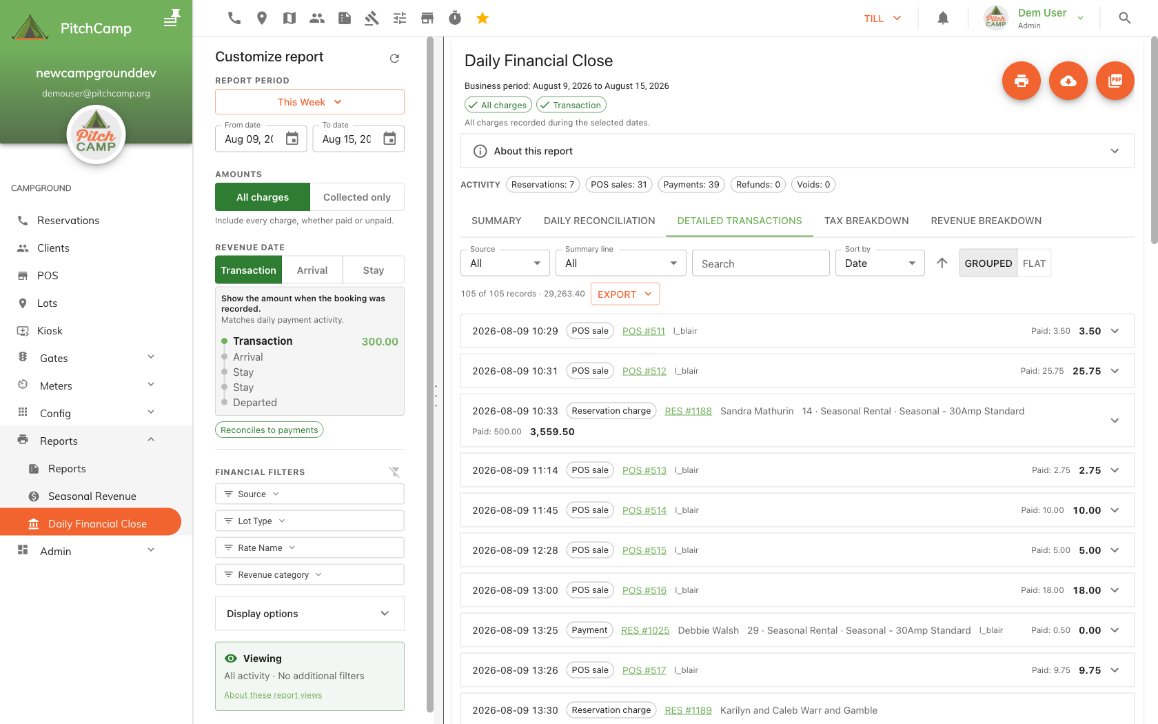 Detailed Transactions tab in grouped view with reference links to reservations and POS sales
