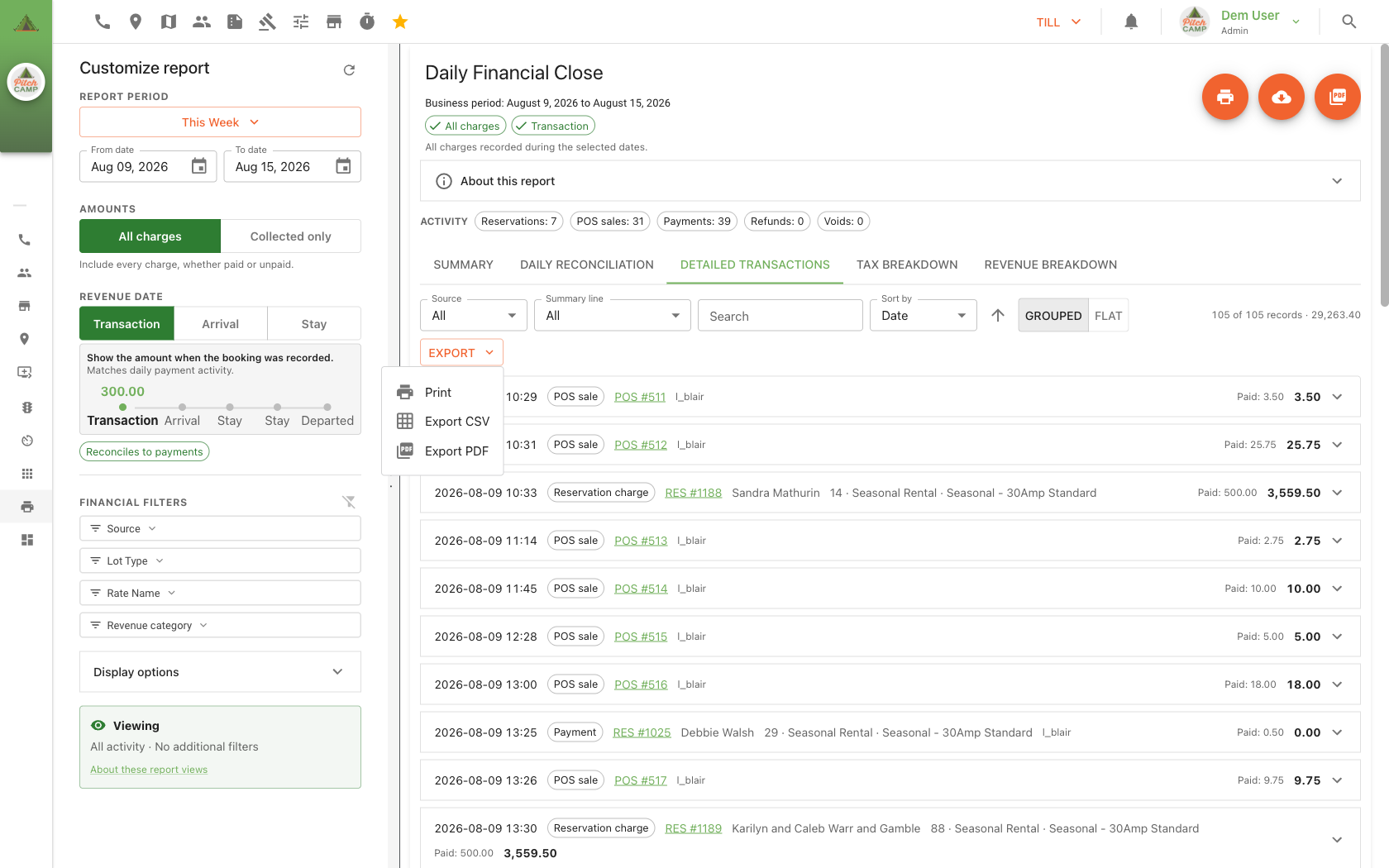 Export dropdown open on the Detailed Transactions tab, showing Print, Export CSV, and Export PDF