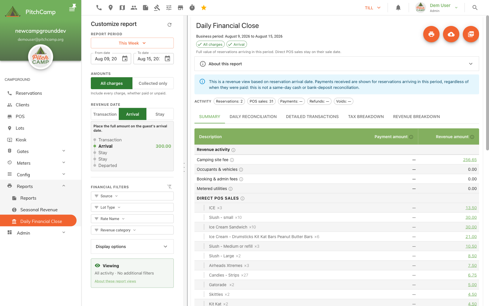 Revenue date set to Arrival, showing the revenue-view banner and payment counts hidden