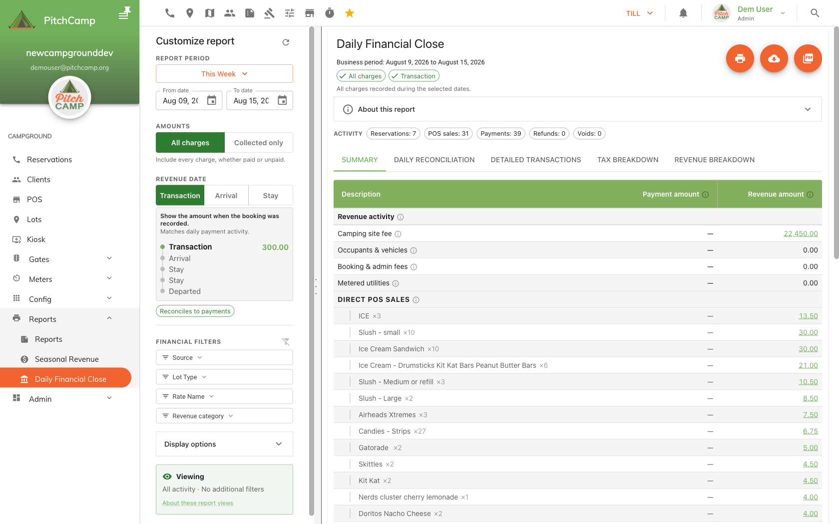 Daily Financial Close report overview with the customize report panel and Summary tab
