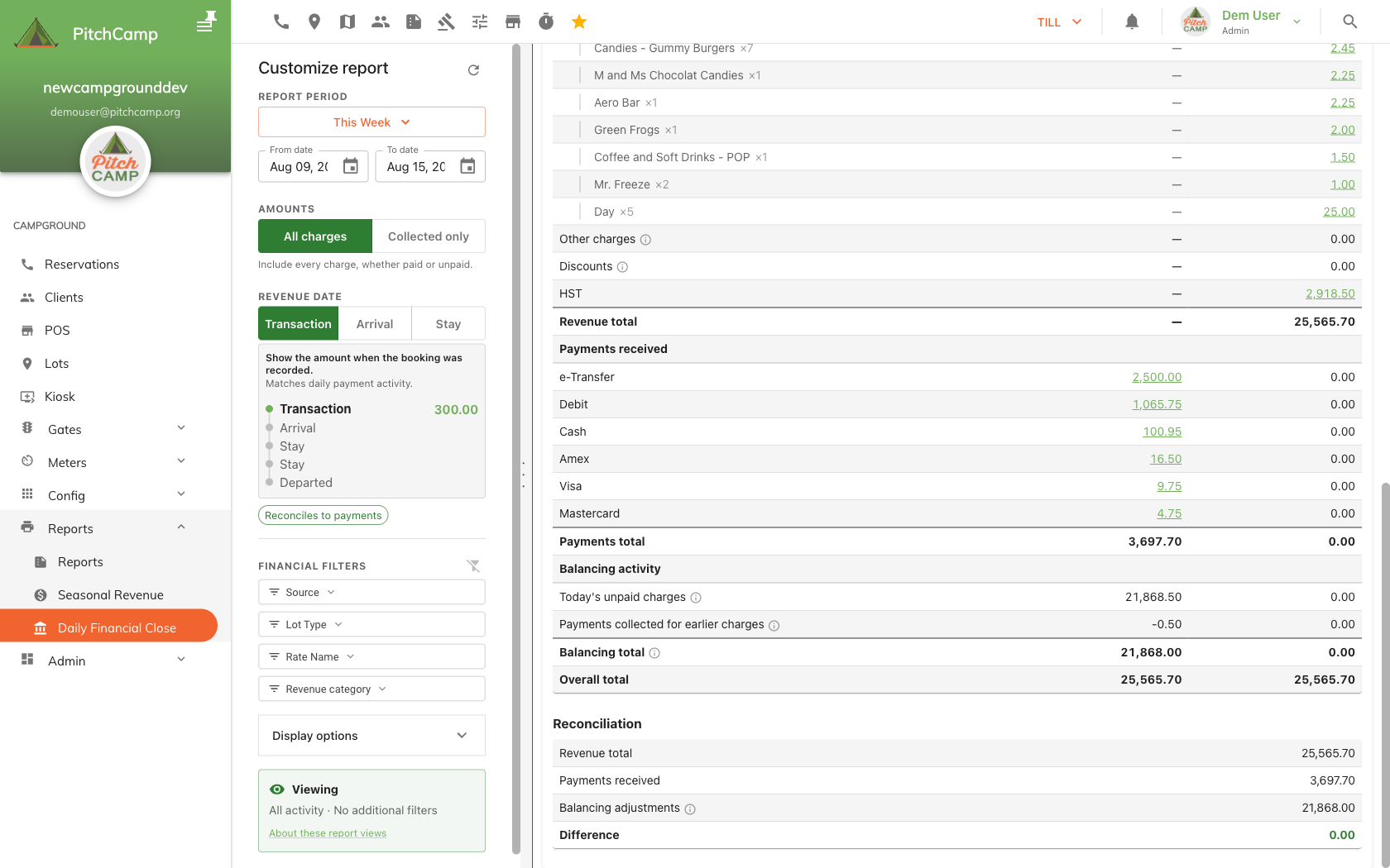 Summary tab bottom section with the Reconciliation block showing a zero Difference