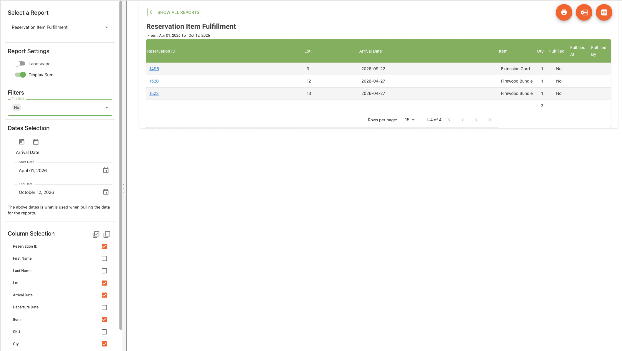 Reservation Item Fulfillment report overview