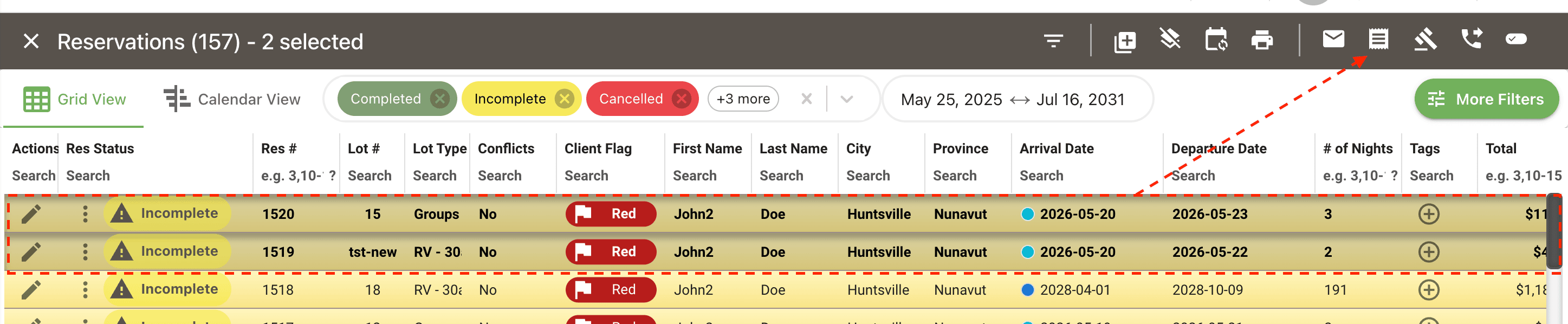 Multiple reservations selected in the grid with the receipt icon in the toolbar