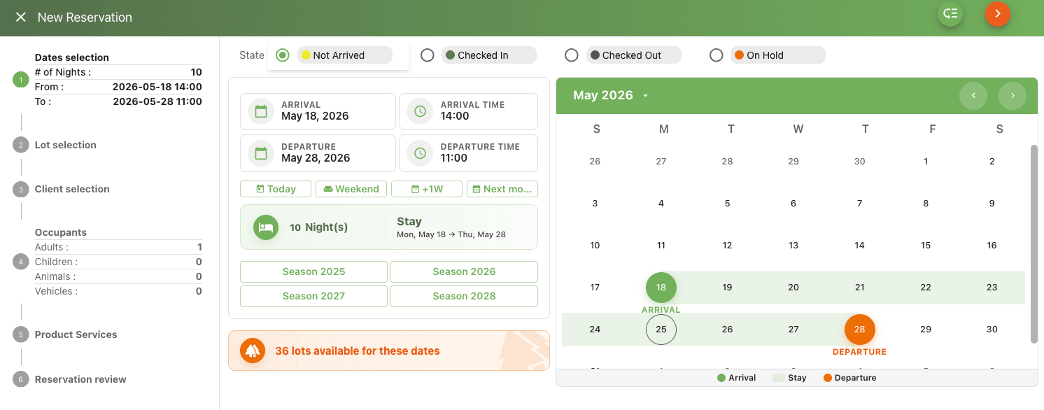 Date selection step with calendar, time pickers, quick shortcuts, and availability counter