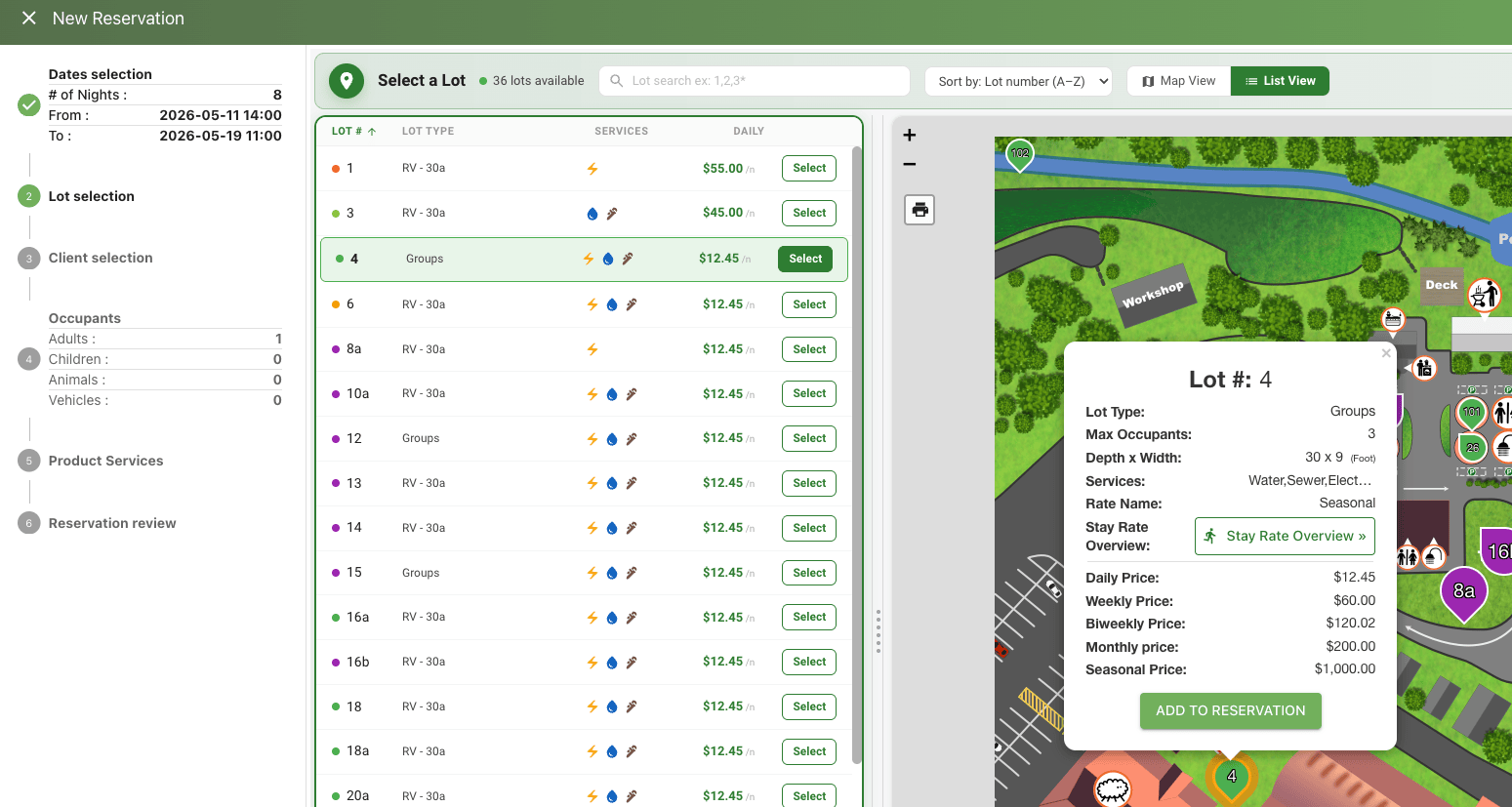 Lot selection step with split map and list panel