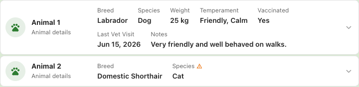 Reservation summary showing an animal's field value with a warning icon and tooltip explaining the field's setup changed since this answer was entered