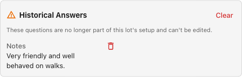 Historical Answers card with a warning icon, a Clear button, and one remaining entry with its own delete icon